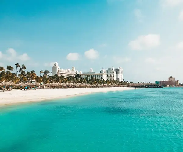 A beach with palm trees and buildings in the background.