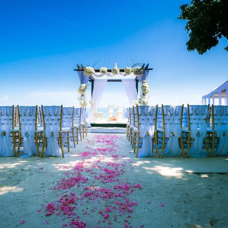 A wedding ceremony with pink petals on the ground.