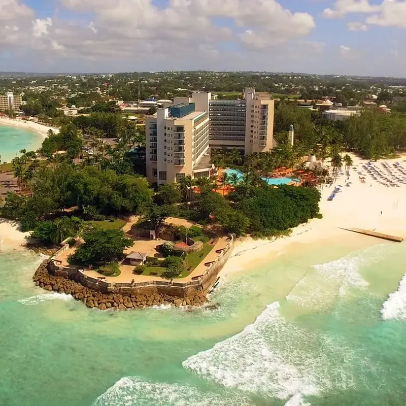 A beach with many trees and buildings on it