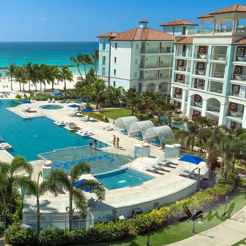 A large pool with palm trees and a beach in the background.