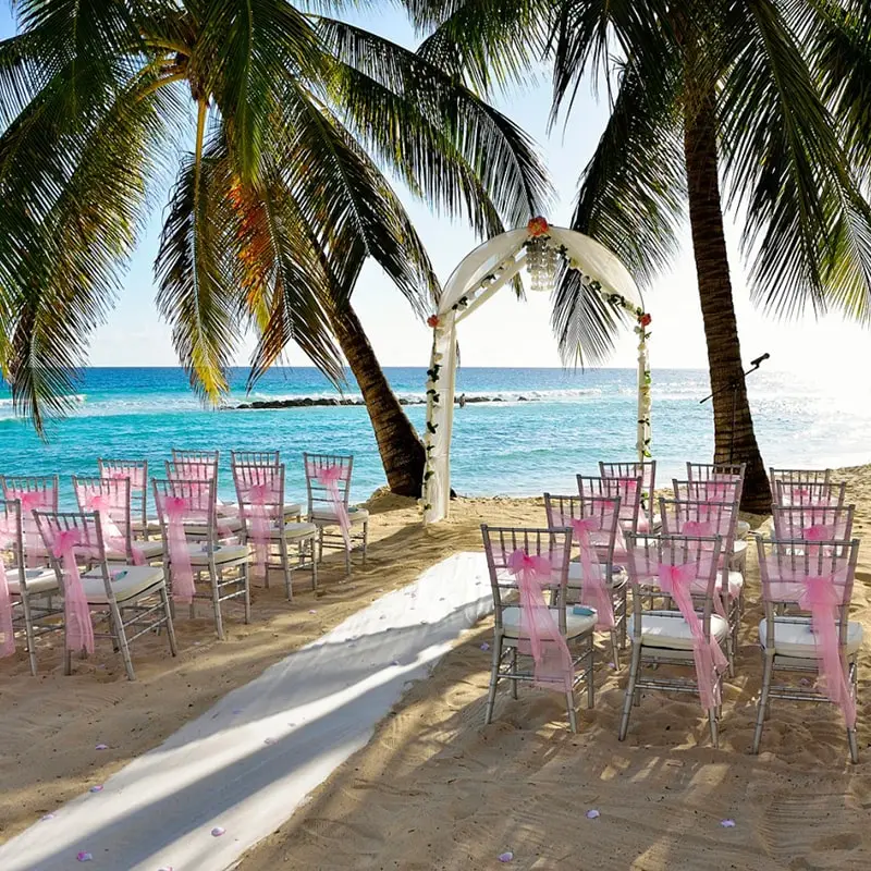 A beach with pink chairs and palm trees