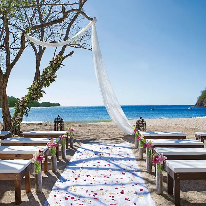 A beach wedding with flowers and chairs