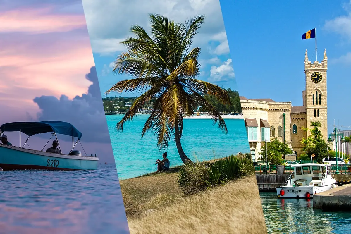 A collage of different pictures with the ocean in the background.